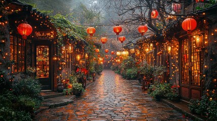 Enchanting Lantern-Lit Street with Mystical Charm and Warm Illumination