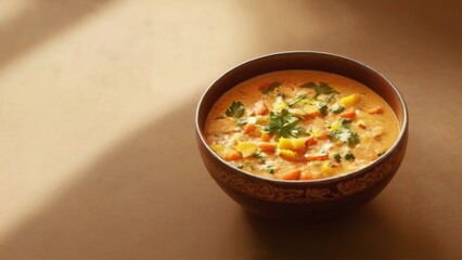 Closeup of ceramic bowl of Indian food with creamy orange color, fresh cilantro, and warm inviting vibe.