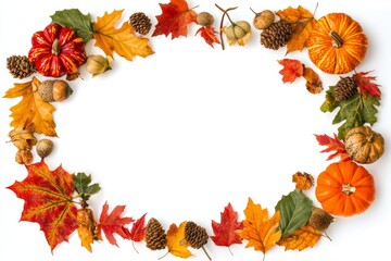 Autumnal frame of pumpkins, leaves, acorns, and pine cones on white background.