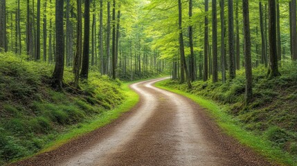Fototapeta premium Winding dirt road through lush green forest.