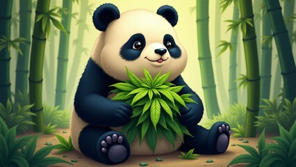 A giant panda in a bamboo forest, peacefully holding a vibrant cannabis plant instead of bamboo. A charming and whimsical fusion of nature and playful creativity.