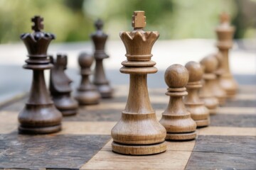 Fototapeta premium Wooden chess pieces on board, outdoor setting with crown piece. Rustic, vintage feel with blurred background of trees.