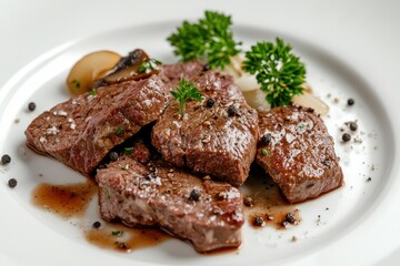 Seared beef medallions with peppercorn sauce, garnished with parsley and sauteed mushrooms.
