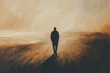 Solitary figure walking on a desolate beach at sunset, painted in warm tones.