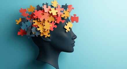 jigsaw puzzle of human head with colorful pieces on blue background symbolizes creativity and thought. This artistic representation evokes curiosity and imagination