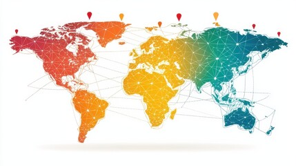 Obraz premium colorful world map with pins marking different countries, showcasing global connections and diversity. vibrant colors represent various regions, creating engaging visual