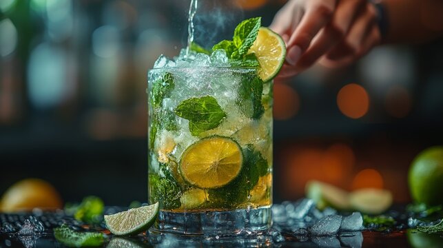 Crafting an Exquisite Cocktail: Bartender's Hand at Work in Close-Up Shot