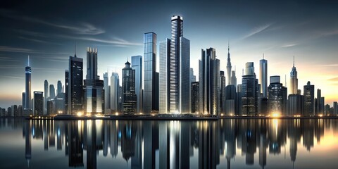 Fototapeta premium A futuristic cityscape with a black and silver gradient background at dusk, black, grey, black, grey, architecture