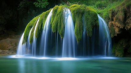 Obraz premium Serene Waterfall in Lush Green Forest: A Tranquil Escape