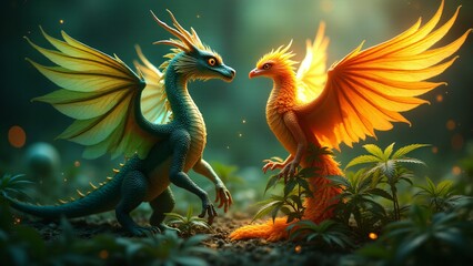 Obraz premium A mythical dragon or phoenix adorned with cannabis leaves, glowing with magical light. A powerful blend of mythical symbolism and cannabis healing.