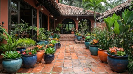 Obraz premium Terracotta Patio With Lush Tropical Planters And Flowers