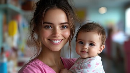 Fototapeta premium Smiling woman holding baby, clinic, blurred background, healthcare