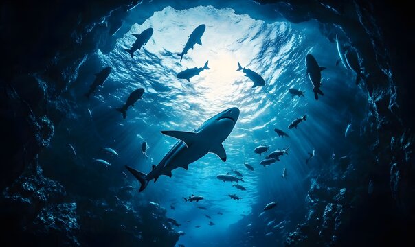 The shark tunnel in the aquarium is illuminated by sunlight, Generative AI 