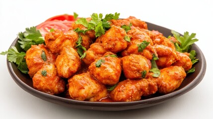 Spicy chicken pieces in a rich sauce, garnished with fresh herbs and tomato slices.