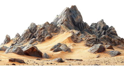 Jagged peaks rise above a sandy desert landscape