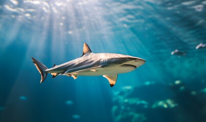 The shark tunnel in the aquarium is illuminated by sunlight, Generative AI 