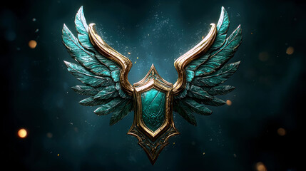 Fototapeta premium Majestic Teal Wings and Golden Shield: A Fantasy Emblem