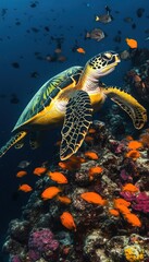 Fototapeta premium Sea turtle gracefully swims amidst vibrant coral reef and colorful fish. A breathtaking underwater scene.