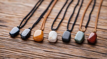 Colorful stones and stone pendants arranged on a wooden surface for artistic display and decoration