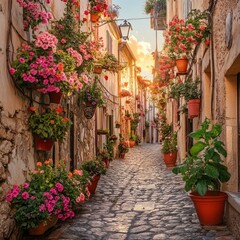 Naklejka premium Picturesque European Street, Sunlit Cobblestone Alleyway, Blooming Flower Pots, Charming Old Town, Romantic European Setting
