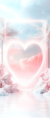 Fototapeta premium A heart is shown in the center of a white and pink background. The heart is surrounded by trees and a body of water. The scene is serene and peaceful, with the heart symbolizing love and the trees