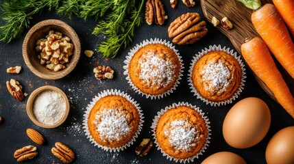 Carrot muffins baking ingredients overhead shot.  Delicious homemade treats with nuts and spices.