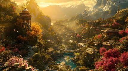 Golden Hour Enchants a Mountain Village Nestled In Lush Foliage