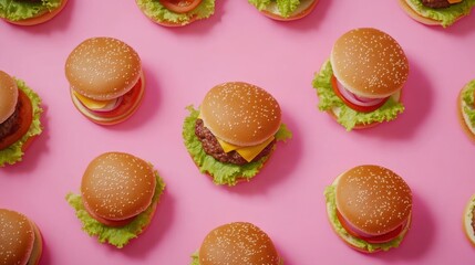 Delicious cheeseburgers arranged on a pink background.  A vibrant and appetizing food photography shot.
