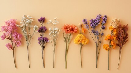 Dried Flowers Arranged in a Row on Beige Background