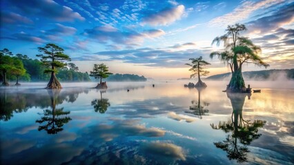 Serene Dawn Misty Lake Reflections of Cypress Trees at Sunrise