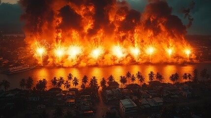 Spectacular Fireworks Display over Coastal City at Night, a Fiery Reflection