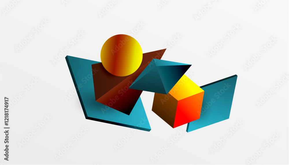 Poster Abstract design showcasing isometric cubes, pyramids, squares, and spheres in a vibrant 3D layout. Modern and dynamic, perfect for tech, design, or futuristic themes