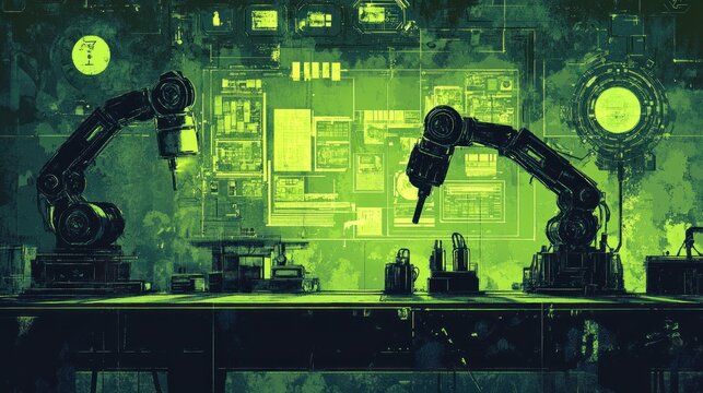 A green halftone pattern over a black grungy surface, illuminated by holographic signs and glowing robotic arms in a cyberpunk workshop