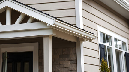 Fototapeta premium Modern House Exterior: Elegant Design and Architectural Details. High-quality siding, stylish roofline, and inviting entrance create a stunning curb appeal.