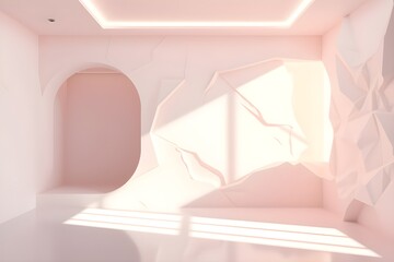 Minimalist interior with white walls and a bright window view. Serene room featuring a white wall and window for an airy ambiance. 3d render