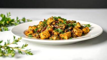 Food Photography of Baked Tempeh with Herbs on a White Plate – Recipe Style