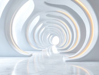 Obraz premium A futuristic, curved corridor with soft lighting and a bright exit.