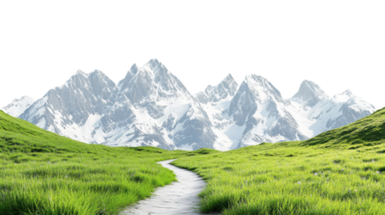 Green grass path to snowy mountains on transparent background