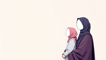 Obraz premium A mother and daughter wearing long hijabs, without facial features, holding hands, positioned on the side with a soft-colored background.