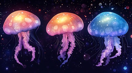 Three luminous jellyfish swim in a dark cosmic space