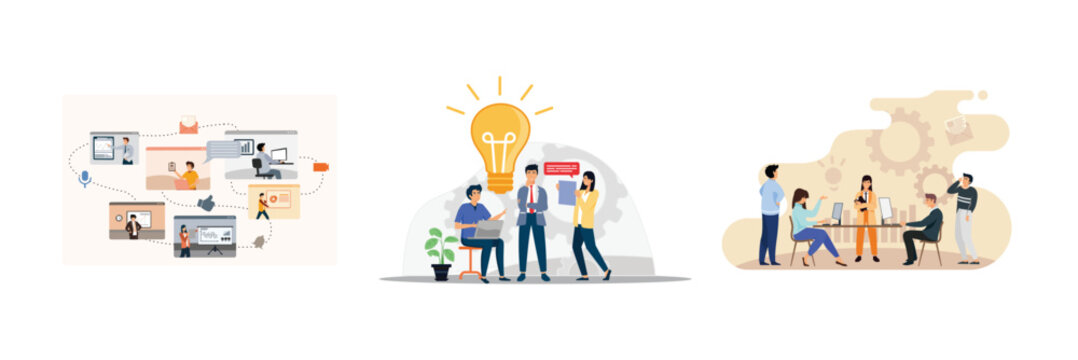 Men and women discuss project via video link. Business team discussing ideas for start up. People sharing ideas and meeting.