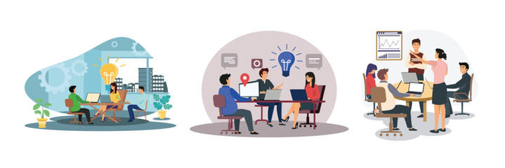 Team of colleagues thinking of new ideas. Group of employees discussing idea at table. Group of Professionals Collaborating.