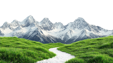 Green grass path to snowy mountains on transparent background