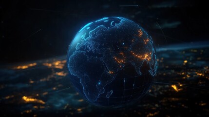 Digital Earth Globe with Glowing Cities on Dark Background Abstract