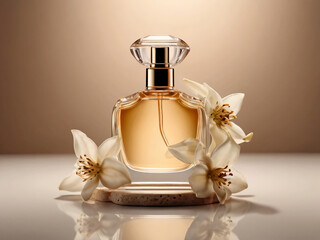 This perfume bottle is highlighted by the soft presence of white flowers.