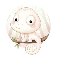 A cute, cartoonish chameleon character with big eyes sitting on a branch, against a soft forest background.