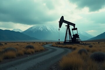 Naklejka premium A lone oil pump jack stands against a dramatic mountain backdrop, surrounded by sparse vegetation and under a cloudy sky.