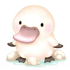 A cute, cartoon-style platypus with a round body, small feet, and a large beak, sitting on a light blue surface.