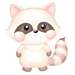 A cute, cartoon-style raccoon with big eyes and a fluffy tail, featuring a white and gray color scheme, exuding charm and playfulness.