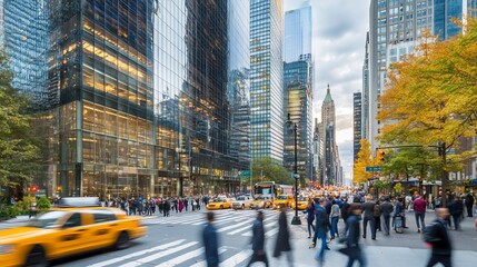 Autumn in New York City: A Vibrant Cityscape of Skyscrapers, Yellow Taxis, and Busy Streets
